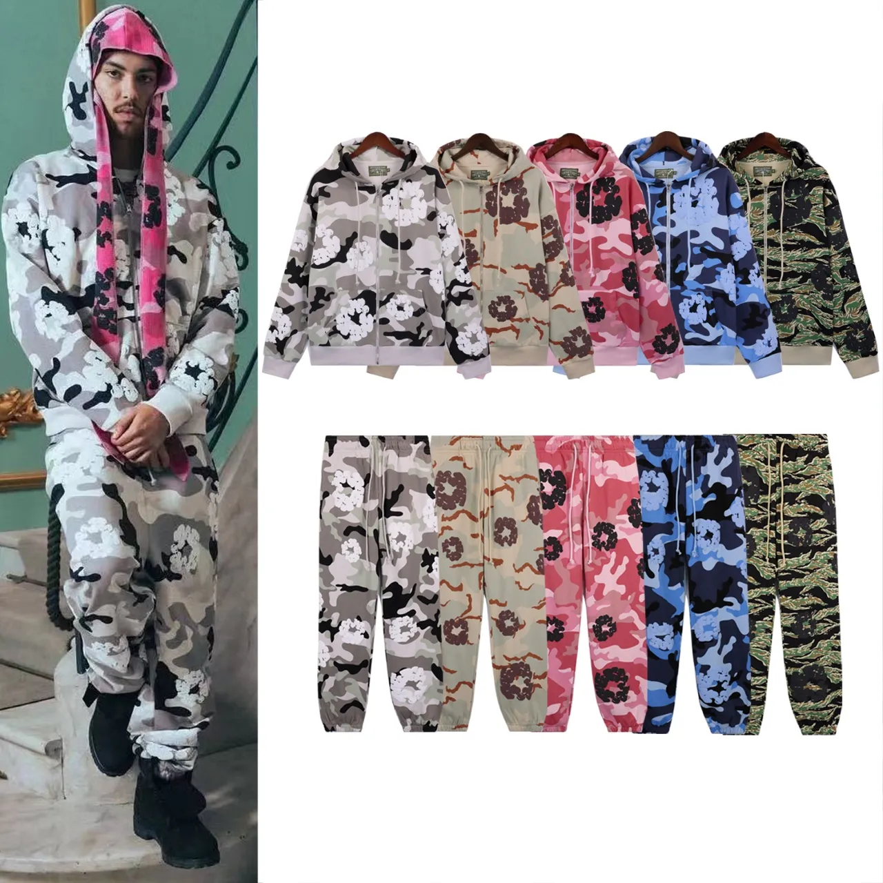 Sweater p230 Pants P190 DENIM TEARS main line kapok camouflage cotton garland zipper hoodie Color: Camouflage blue Camouflage apricot Camouflage powder Camouflage green Camouflage gray Size: S M L XL